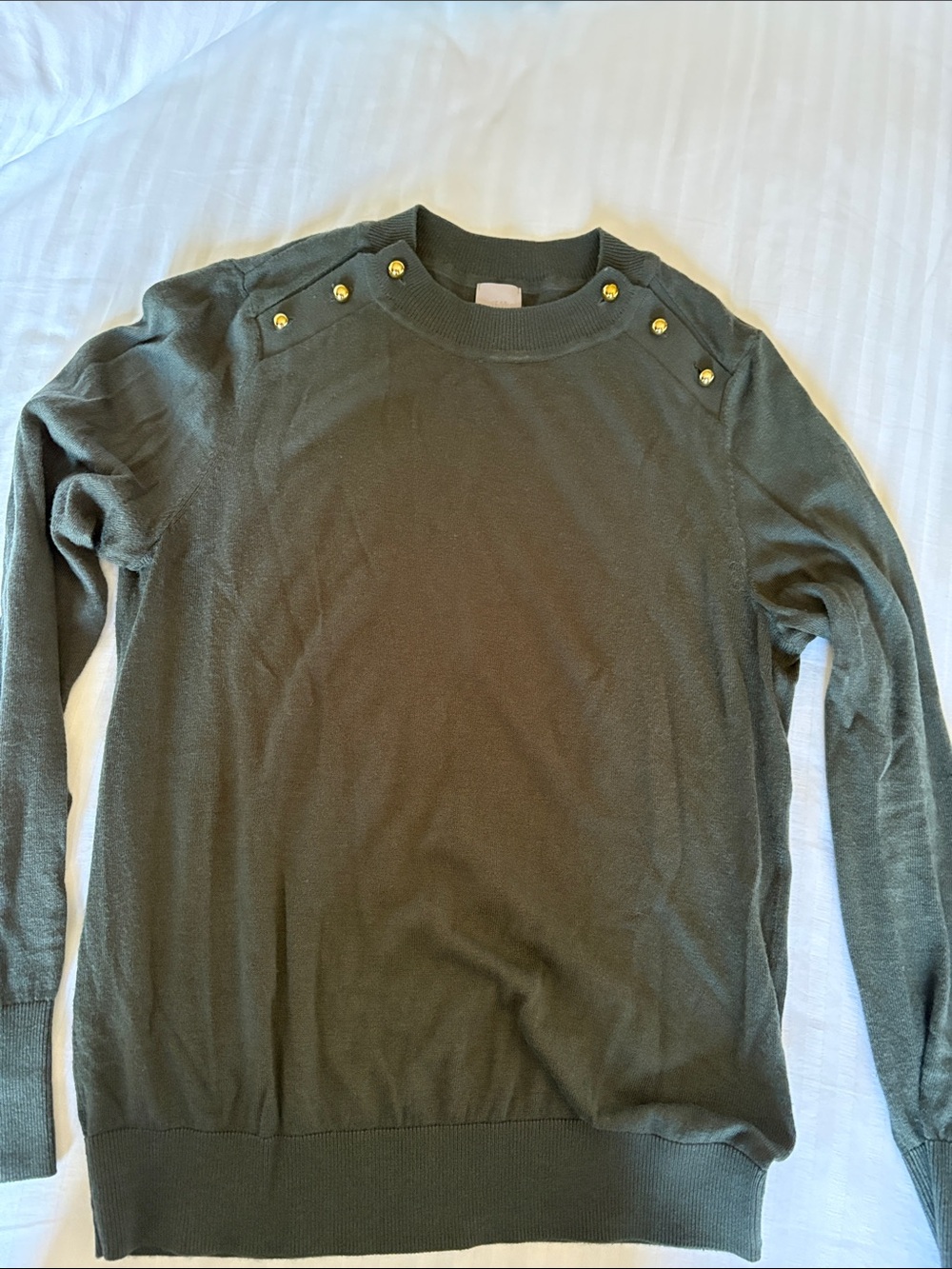 H&M Olive Green Crewneck Sweater with Gold Shoulder Buttons